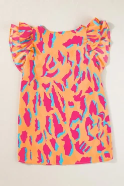 Outlet Dear-Lover Abstract Print V Neck Ruffled Sleeve Blouse Orange