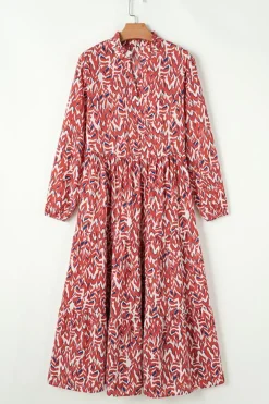 New Dear-Lover Abstract Print V Neck Pleated High Waist Midi Dress Orange
