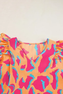 Outlet Dear-Lover Abstract Print V Neck Ruffled Sleeve Blouse Orange