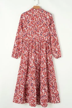 New Dear-Lover Abstract Print V Neck Pleated High Waist Midi Dress Orange