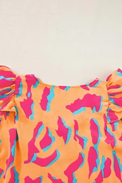 Outlet Dear-Lover Abstract Print V Neck Ruffled Sleeve Blouse Orange