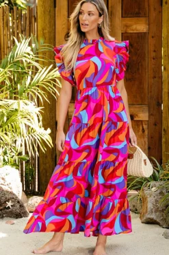 Hot Dear-Lover Abstract Printed High Waist Ruffle Tiered Long Dress Orange