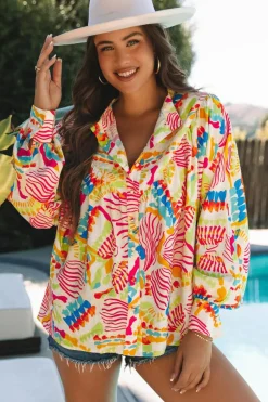 Clearance Dear-Lover Abstract Printed High Low Oversized Shirt Orange