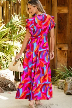 Hot Dear-Lover Abstract Printed High Waist Ruffle Tiered Long Dress Orange