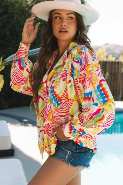 Clearance Dear-Lover Abstract Printed High Low Oversized Shirt Orange