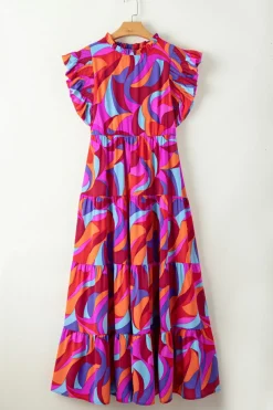Hot Dear-Lover Abstract Printed High Waist Ruffle Tiered Long Dress Orange