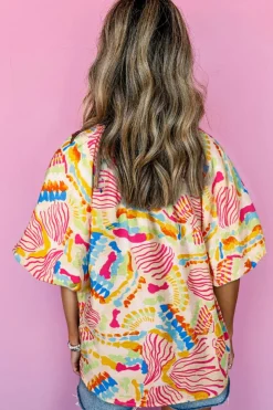 Clearance Dear-Lover Abstract Printed Shirred Bubble Half Sleeve V Neck Blouse Orange