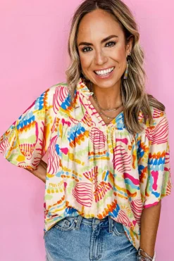 Clearance Dear-Lover Abstract Printed Shirred Bubble Half Sleeve V Neck Blouse Orange