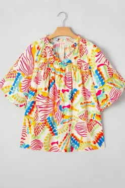 Clearance Dear-Lover Abstract Printed Shirred Bubble Half Sleeve V Neck Blouse Orange