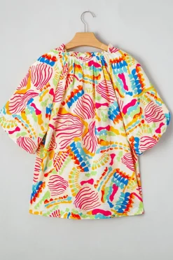 Clearance Dear-Lover Abstract Printed Shirred Bubble Half Sleeve V Neck Blouse Orange