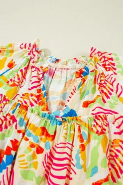 Clearance Dear-Lover Abstract Printed Shirred Bubble Half Sleeve V Neck Blouse Orange