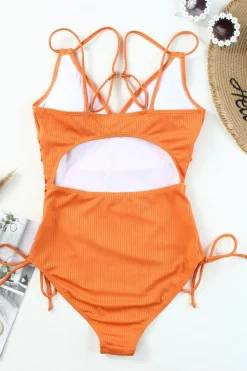 Clearance Dear-Lover Adjustable Straps Ribbed Knit One Piece Swimsuit Orange