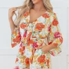 Hot Dear-Lover Blooming Floral Print Front Tie Romper Orange