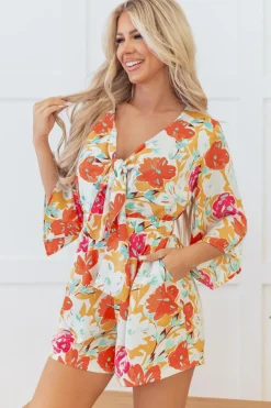 Hot Dear-Lover Blooming Floral Print Front Tie Romper Orange