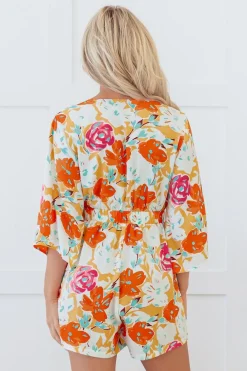 Hot Dear-Lover Blooming Floral Print Front Tie Romper Orange