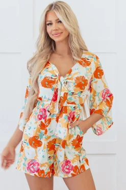 Hot Dear-Lover Blooming Floral Print Front Tie Romper Orange