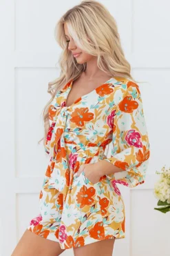 Hot Dear-Lover Blooming Floral Print Front Tie Romper Orange