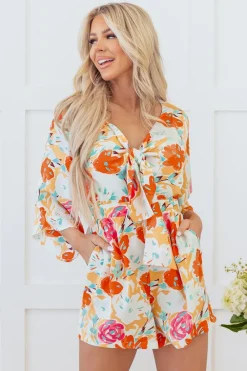 Hot Dear-Lover Blooming Floral Print Front Tie Romper Orange