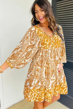 Best Dear-Lover Bohemian Print Puff Sleeve Tied V Neck Flared Mini Dress Orange