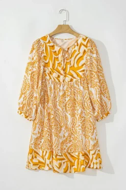 Best Dear-Lover Bohemian Print Puff Sleeve Tied V Neck Flared Mini Dress Orange