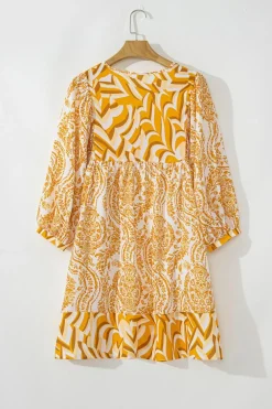 Best Dear-Lover Bohemian Print Puff Sleeve Tied V Neck Flared Mini Dress Orange
