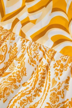 Best Dear-Lover Bohemian Print Puff Sleeve Tied V Neck Flared Mini Dress Orange