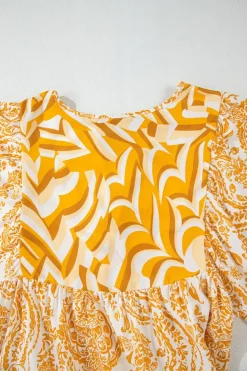 Best Dear-Lover Bohemian Print Puff Sleeve Tied V Neck Flared Mini Dress Orange