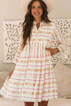 Clearance Dear-Lover Bohemian Printed Bracelet Sleeve Slit Neck Ruffled Loose Dress Orange