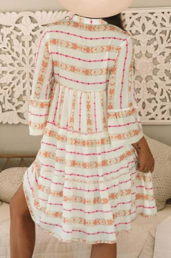 Clearance Dear-Lover Bohemian Printed Bracelet Sleeve Slit Neck Ruffled Loose Dress Orange