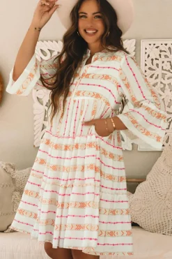 Clearance Dear-Lover Bohemian Printed Bracelet Sleeve Slit Neck Ruffled Loose Dress Orange
