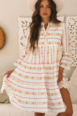 Clearance Dear-Lover Bohemian Printed Bracelet Sleeve Slit Neck Ruffled Loose Dress Orange