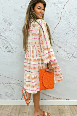 Clearance Dear-Lover Bohemian Printed Bracelet Sleeve Slit Neck Ruffled Loose Dress Orange
