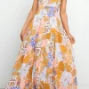 Fashion Dear-Lover Boho Floral Backless Lace up Sleeveless Maxi Dress Orange
