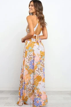 Fashion Dear-Lover Boho Floral Backless Lace up Sleeveless Maxi Dress Orange