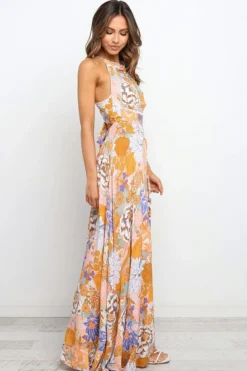Fashion Dear-Lover Boho Floral Backless Lace up Sleeveless Maxi Dress Orange