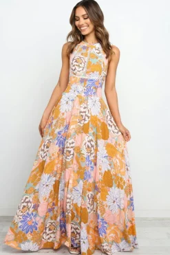 Fashion Dear-Lover Boho Floral Backless Lace up Sleeveless Maxi Dress Orange