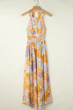 Fashion Dear-Lover Boho Floral Backless Lace up Sleeveless Maxi Dress Orange