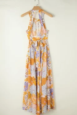 Fashion Dear-Lover Boho Floral Backless Lace up Sleeveless Maxi Dress Orange