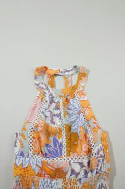 Fashion Dear-Lover Boho Floral Backless Lace up Sleeveless Maxi Dress Orange