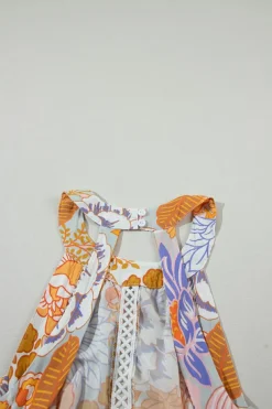 Fashion Dear-Lover Boho Floral Backless Lace up Sleeveless Maxi Dress Orange