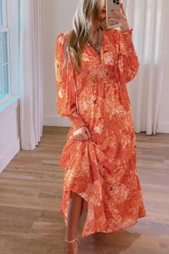 Discount Dear-Lover Boho Floral Bishop Sleeve V Neck Tiered Maxi Dress Orange