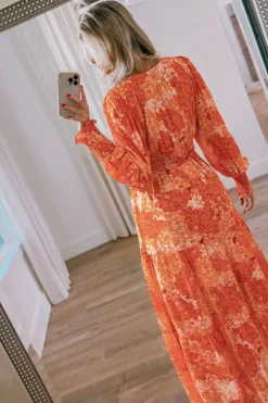 Discount Dear-Lover Boho Floral Bishop Sleeve V Neck Tiered Maxi Dress Orange