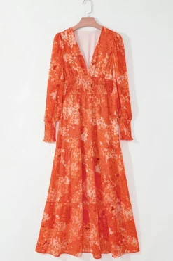 Discount Dear-Lover Boho Floral Bishop Sleeve V Neck Tiered Maxi Dress Orange