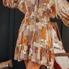 Discount Dear-Lover Boho Floral Puff Sleeve Smocked Waist Mini Shirt Dress Orange