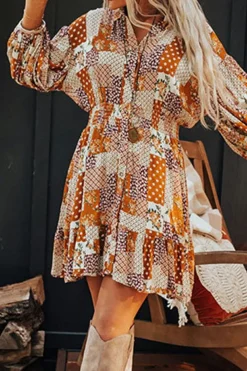 Discount Dear-Lover Boho Floral Puff Sleeve Smocked Waist Mini Shirt Dress Orange