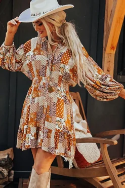 Discount Dear-Lover Boho Floral Puff Sleeve Smocked Waist Mini Shirt Dress Orange