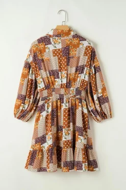 Discount Dear-Lover Boho Floral Puff Sleeve Smocked Waist Mini Shirt Dress Orange