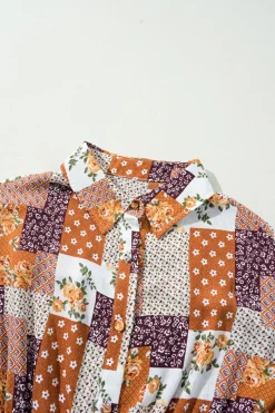 Discount Dear-Lover Boho Floral Puff Sleeve Smocked Waist Mini Shirt Dress Orange
