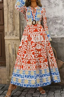 Discount Dear-Lover Boho Geometric Printed Long Sleeve Maxi Dress Orange