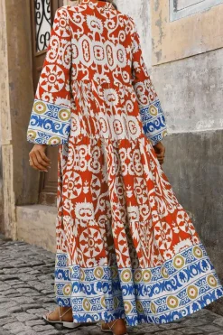 Discount Dear-Lover Boho Geometric Printed Long Sleeve Maxi Dress Orange